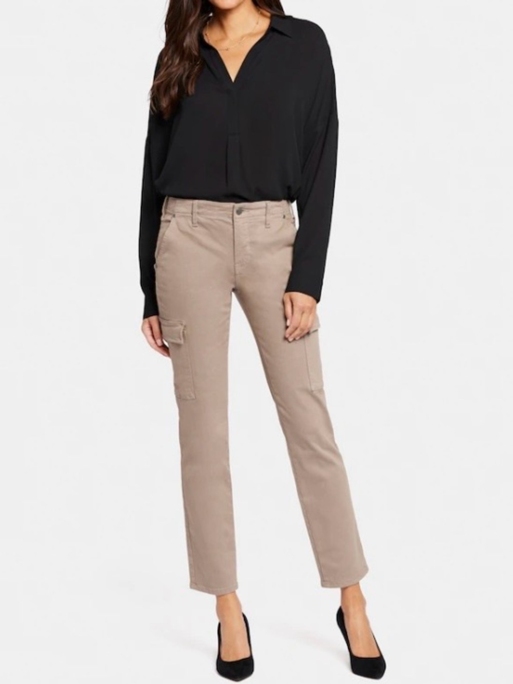 NYDJ NWOT Sheri Slim Jeans with Cargo Pockets in Saddlewood (Taupe), Size 14